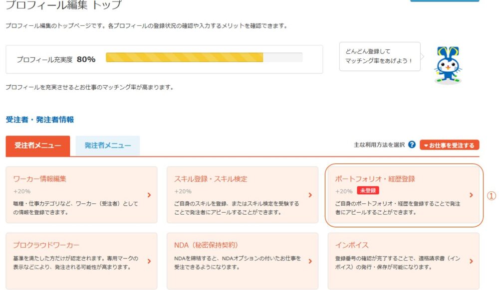 プロフィール編集の受注者メニュー内にある「ポートフォリオ・経歴登録」のリンク位置