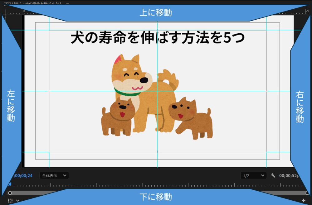 パネル移動時に表示される「青色の台形」ガイドの表示例
