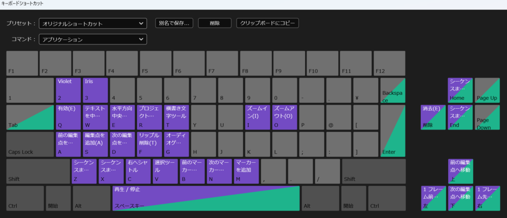 Adobe Premiereのキーボードショートカット設定一覧画面